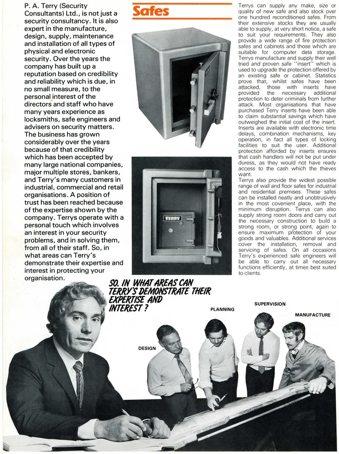 Brochure page describing P. A. Terry Security Consultants' safe manufacturing and design services