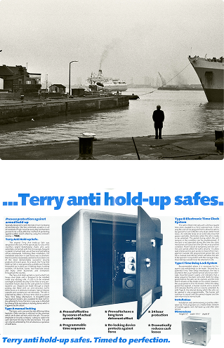 Vintage advert for Terry anti hold-up safes showing a dockside scene and safe