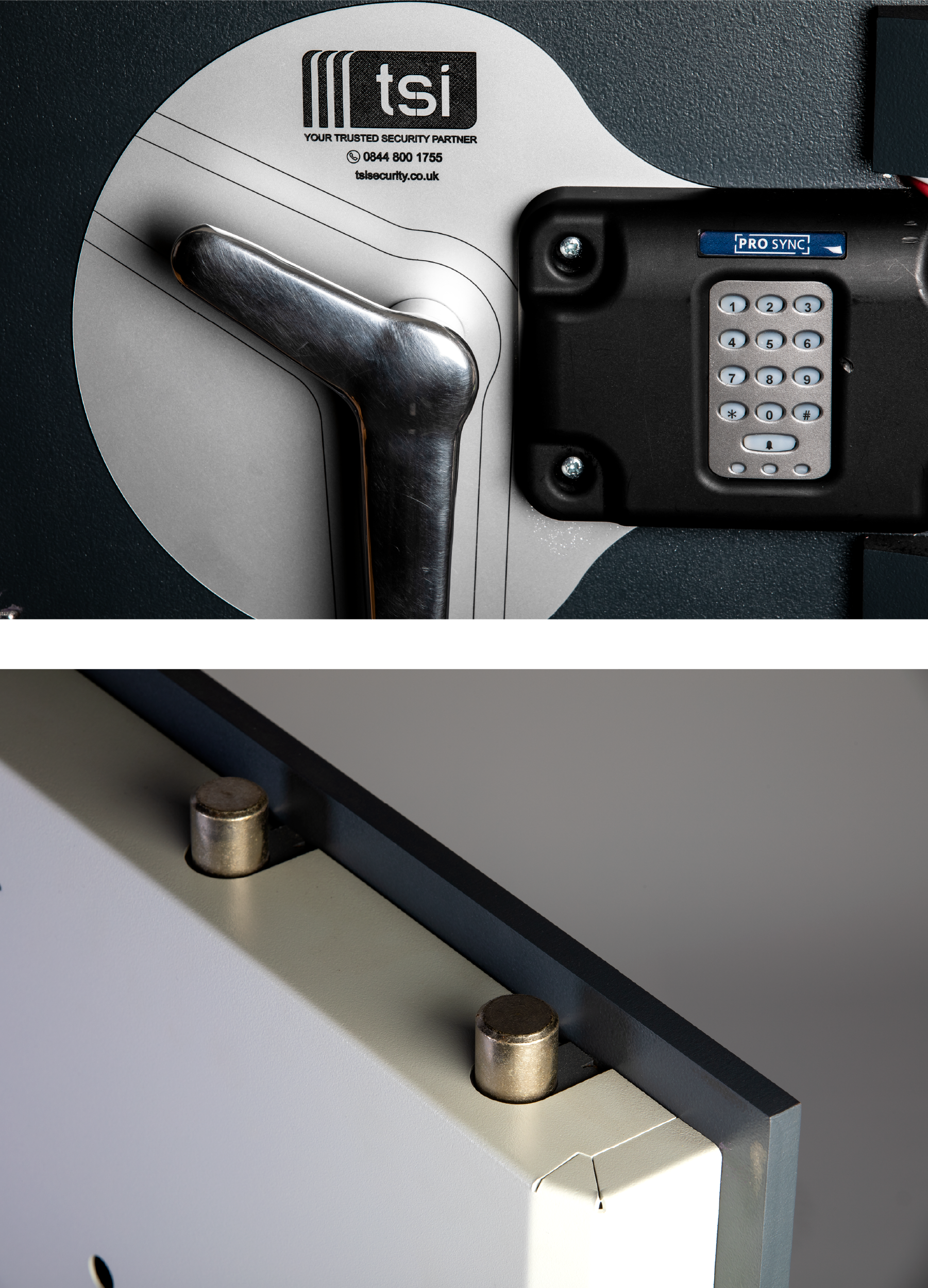 Close-ups of a TSI safe door with ProSync keypad and its steel locking bolts